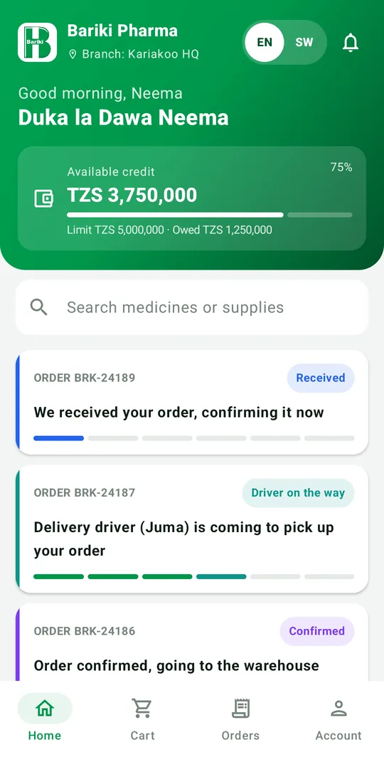 The Bariki Pharmacy app showing available credit and live orders